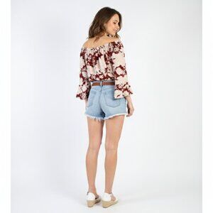 *Papaya Off the Shoulder Cropped 3/4 Sleeve Blosue